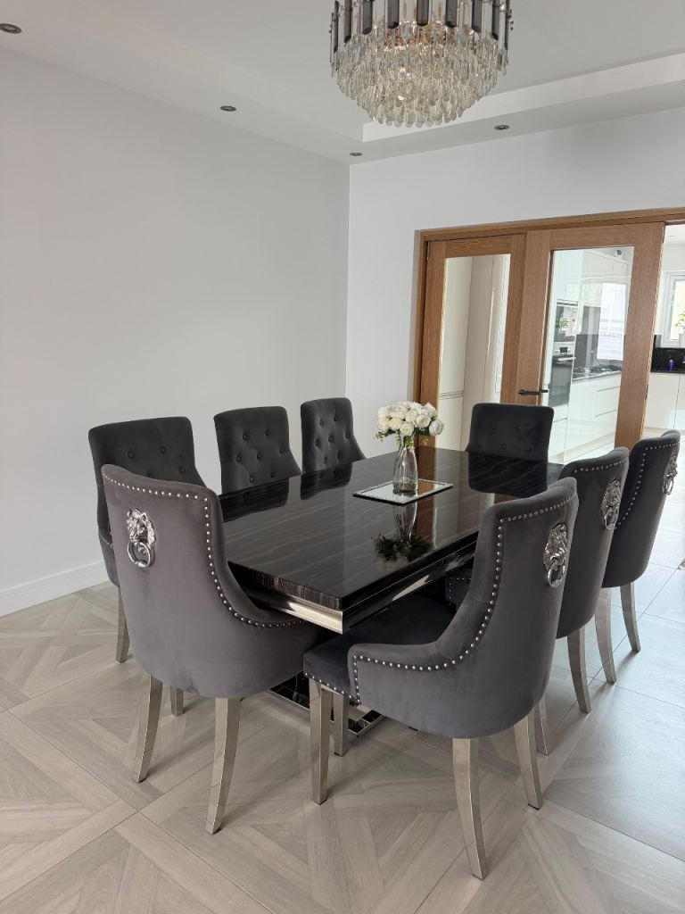 Modern Grey Velvet Dining Set with 8 Chairs – Good Condition