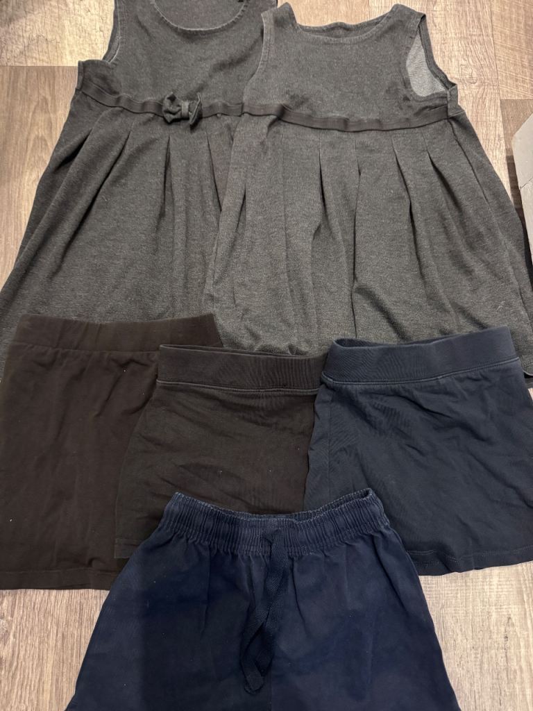 Girls school uniform bundle age 4-5 dress pinafore, skirt/ skort, shorts grey black blue 
