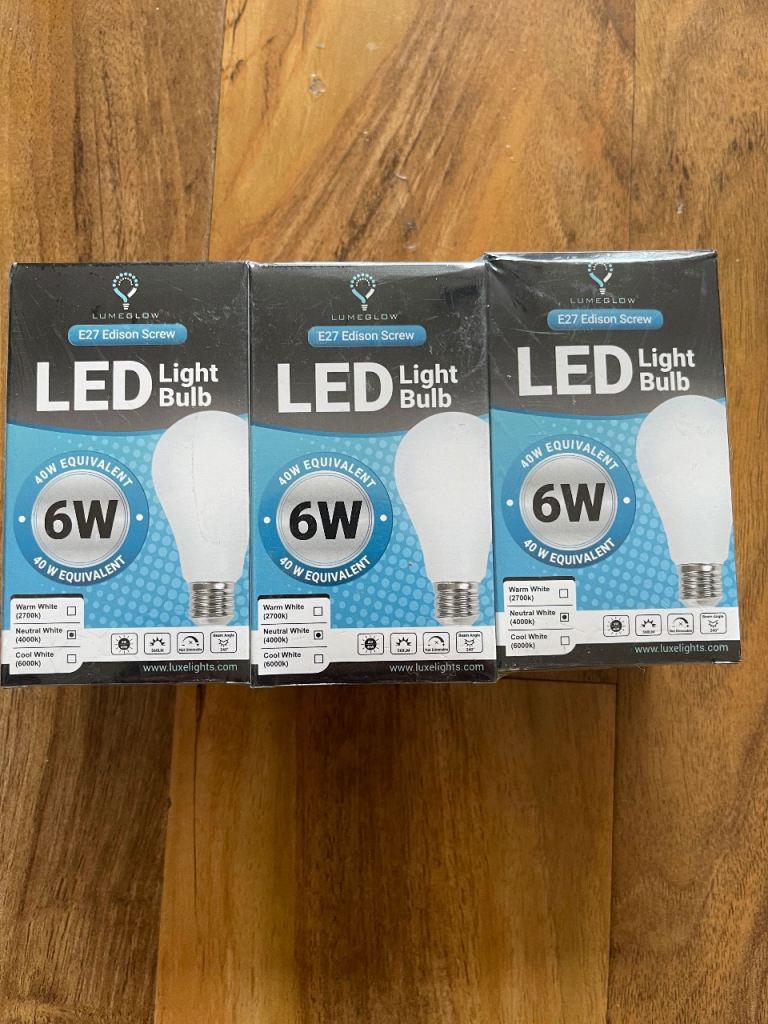Set of 3 E27 Edison Screw LED Bulbs – Natural White (6W)
