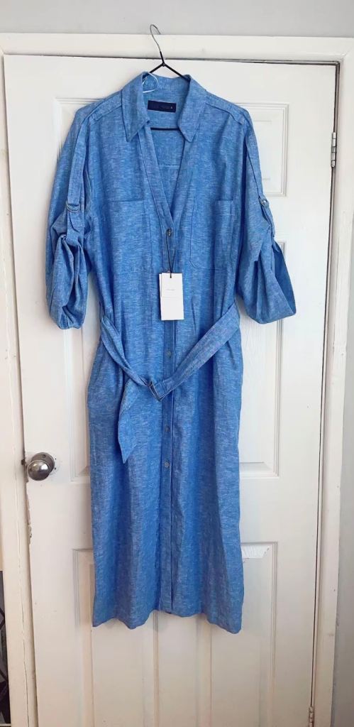 Zara New Blue Linen Blend Midi Dress with Belt