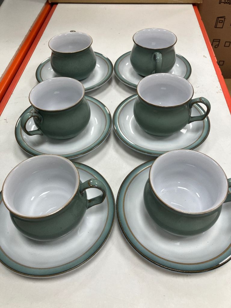 Denby England Green Coffee Cups and Saucers – Set of 6