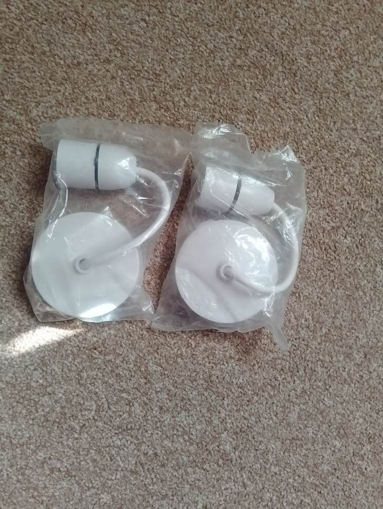 Two New White Ceiling Pendant Light Fittings with Bulb Holders