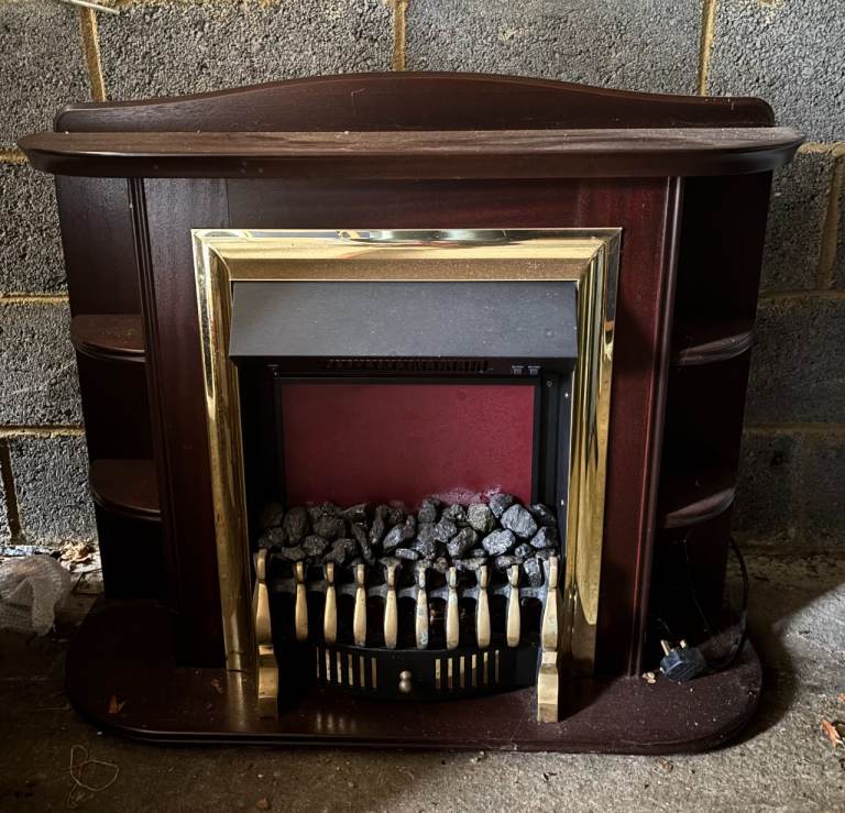 Vintage Wood Mahogany Brown Gold Electric Fireplace