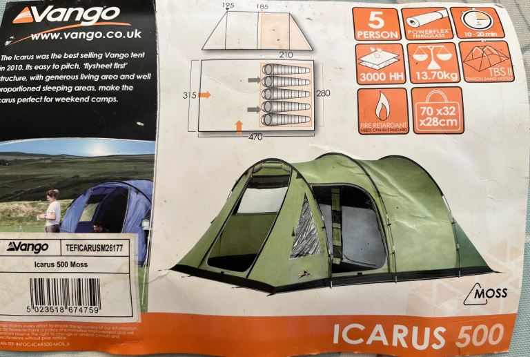 Vango Icarus 500 with additional Front Enclosed Canopy, ground sheet and carpet - moss green