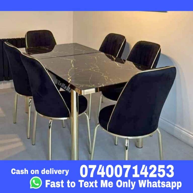 Summer Sale Luxury Dining Gold Table with 6 Velvet Chairs Black color