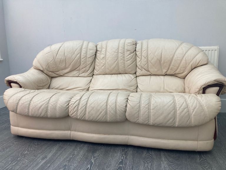 Real leather cream 3-seater sofa 