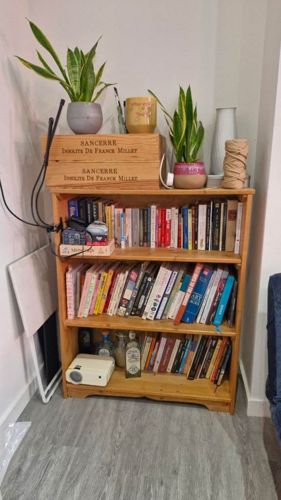 Solid Wood Bookcase with 3 Shelves – Good Condition
