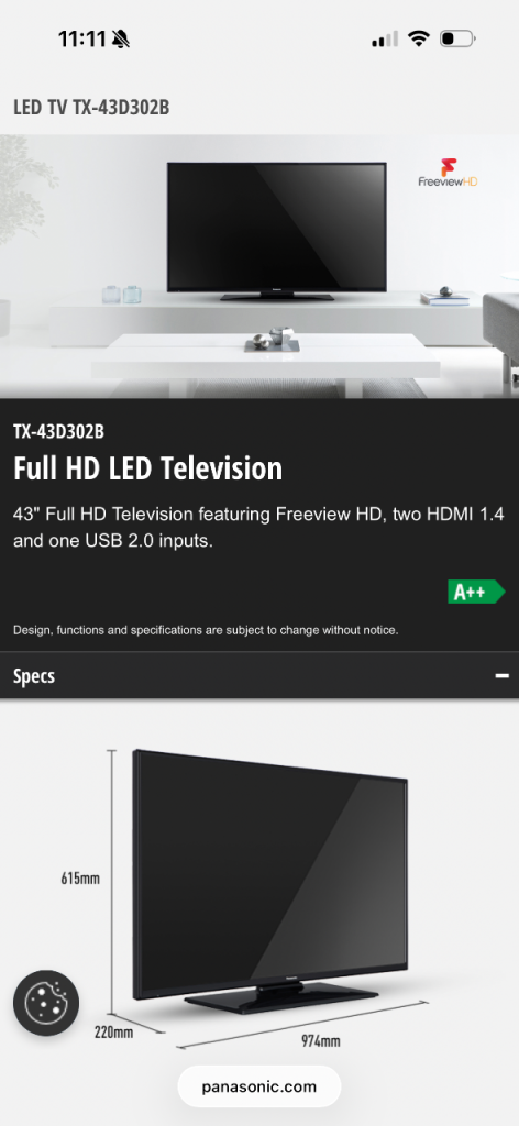 43” Panasonic Full HD LED TV in excellent condition