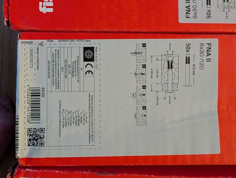 6 X Fischer 44120 Nail Anchor FNA II M6 x 30/120mm