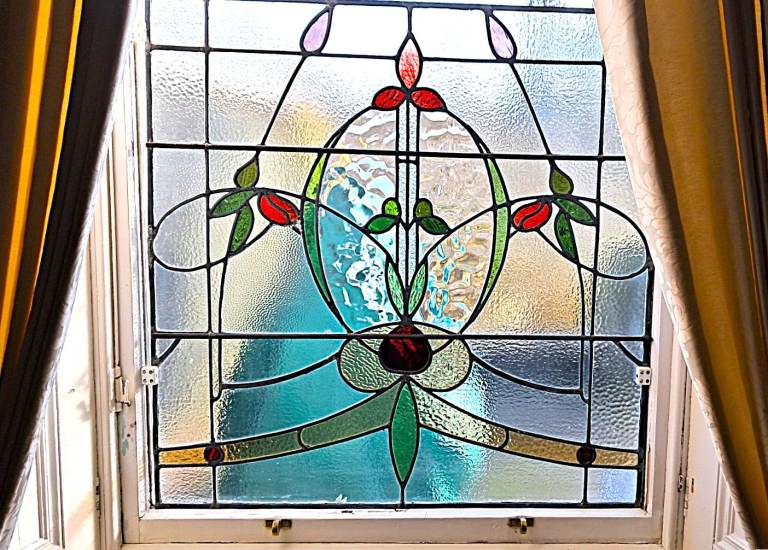 Antique Leaded Stained Glass Art Nouveau Window Panel