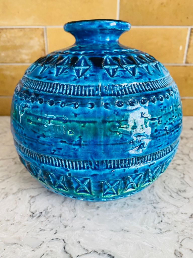 Bitossi Rimini Blue Ball Globe Round Vase Vintage Aldo Londi Italy Mid Century 