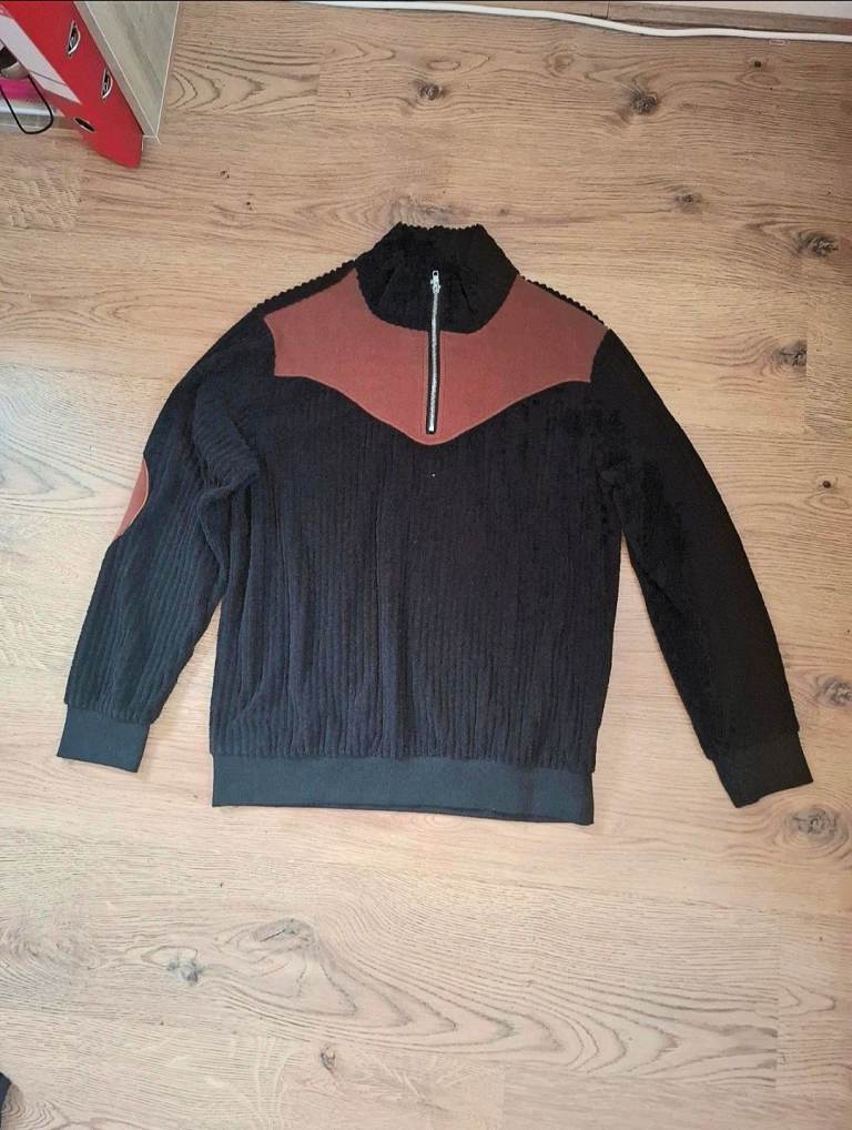 Mens Black Quarter Zip Chunky Knit Jumper Hoodie size M