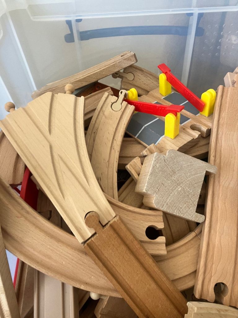 2 boxes of brio and trains 