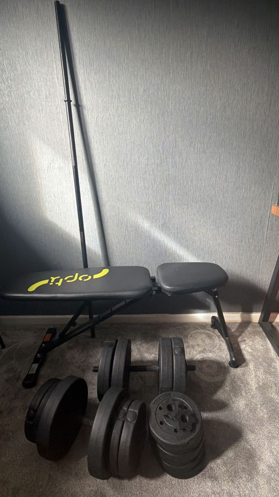 Weight bench, bar, dumbbells
