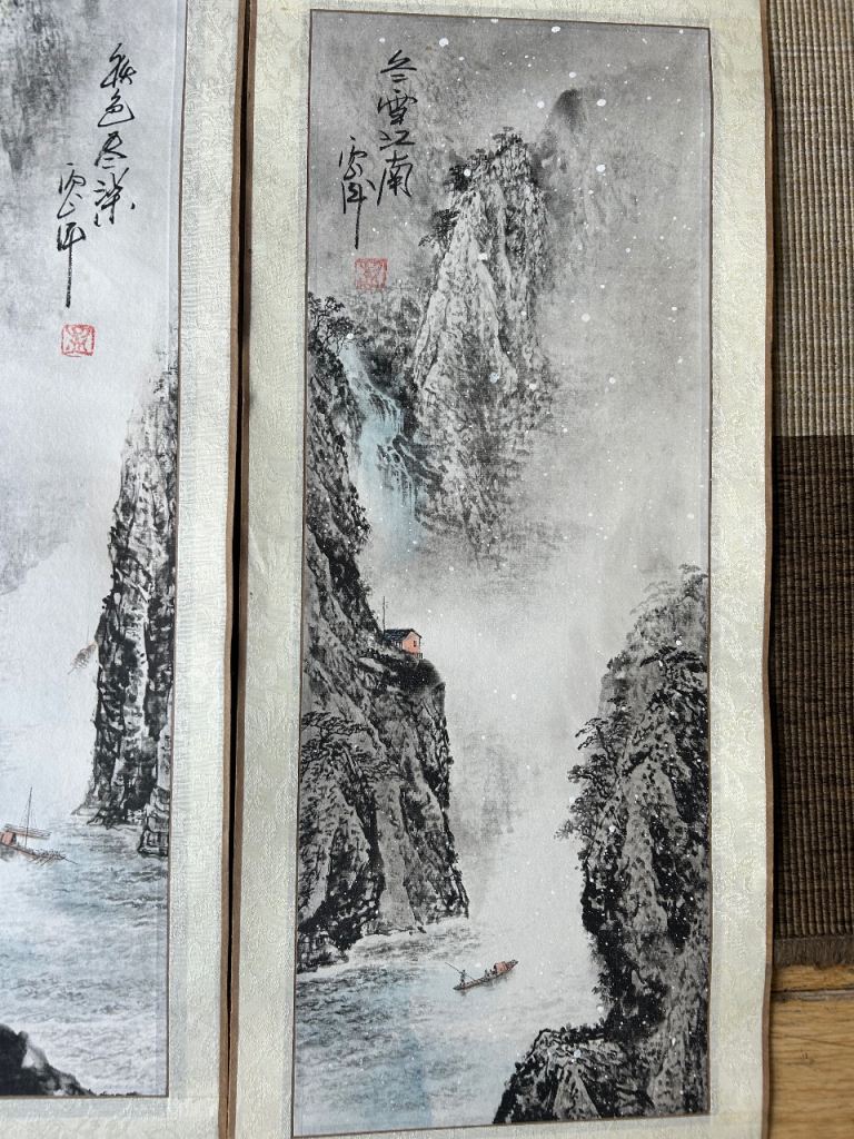Set of four season Chinese landscape paintings scroll silk paper mountain river scene 