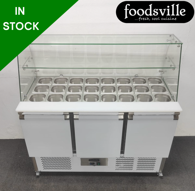 NEW Foodsville 3 Door Curved Glass Prep Counter Fridge, On Wheels - PAY OVER 9 MONTHS OR 20% OFF!