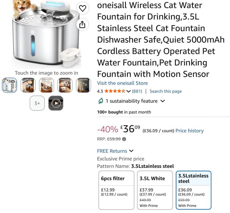 USB-chargeable cat fountain and spare filters