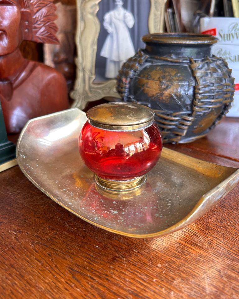 Cranberry Glass And Brass Inkwell