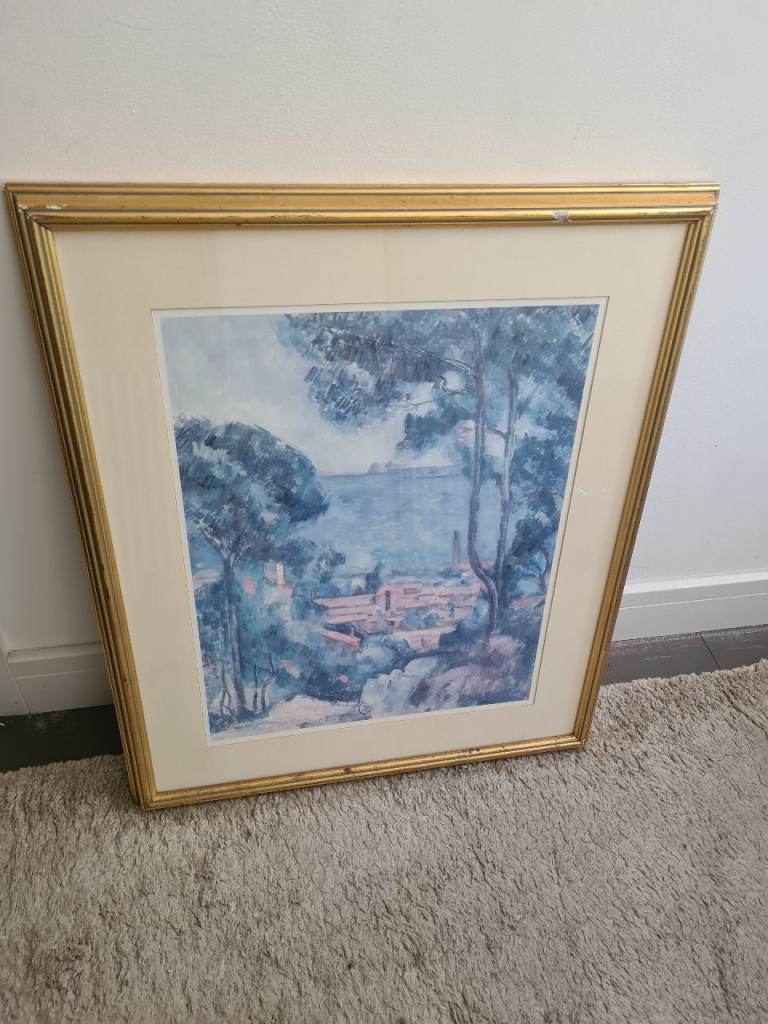 Framed Blue & Green Landscape Picture – Gold Frame, Good Condition