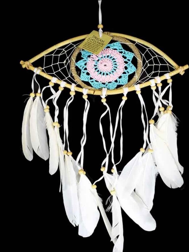 New Dream Catcher – White Feathers, Pink and Blue Crochet