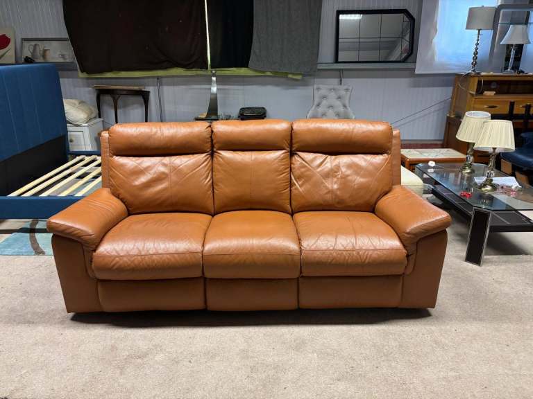 RECLINER Tan Leather 3 Seater Sofa 
