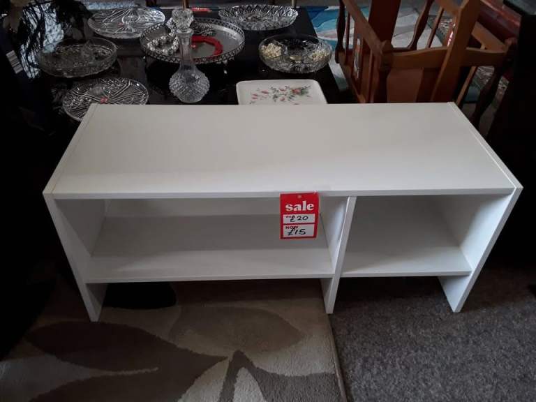 Small white TV unit Copley Mill Low Cost Moves 2nd Hand Furniture STALYBRIDGE SK15 3DN