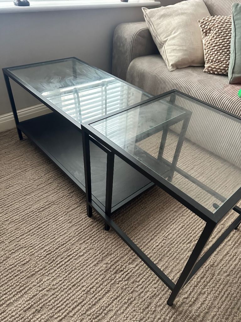 IKEA VITTSJÖ Nest of tables/coffee table, set of 2, black-brown glass, 90x50 cm