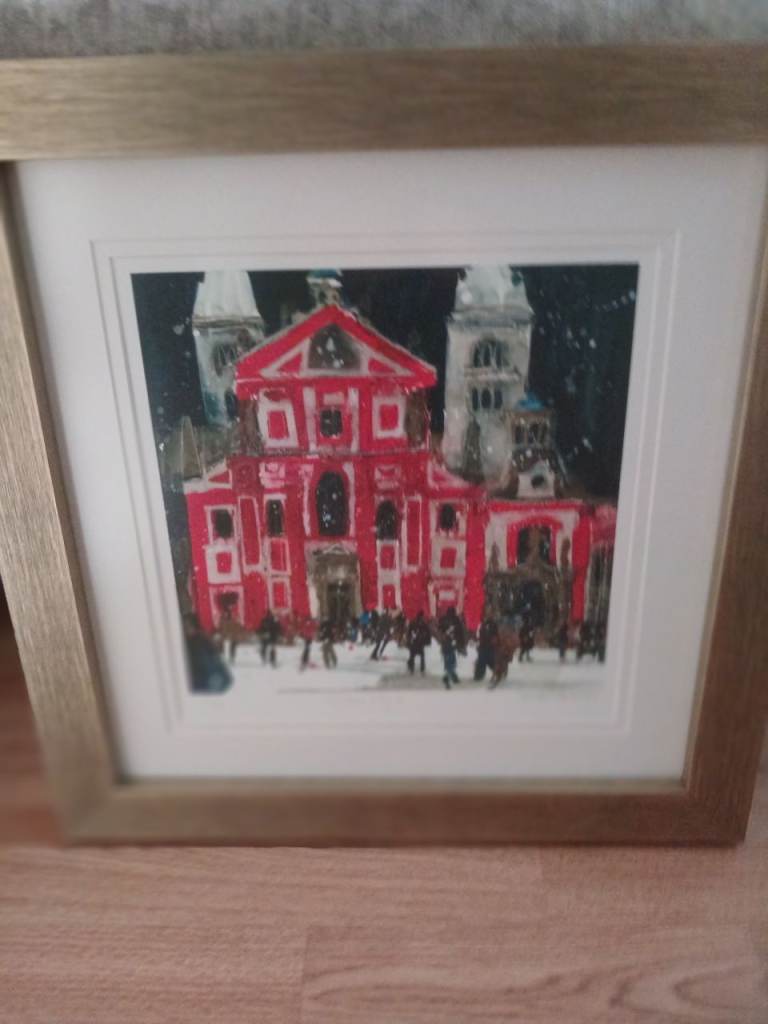 Framed Winter Cityscape Painting – Red Building, Good Condition