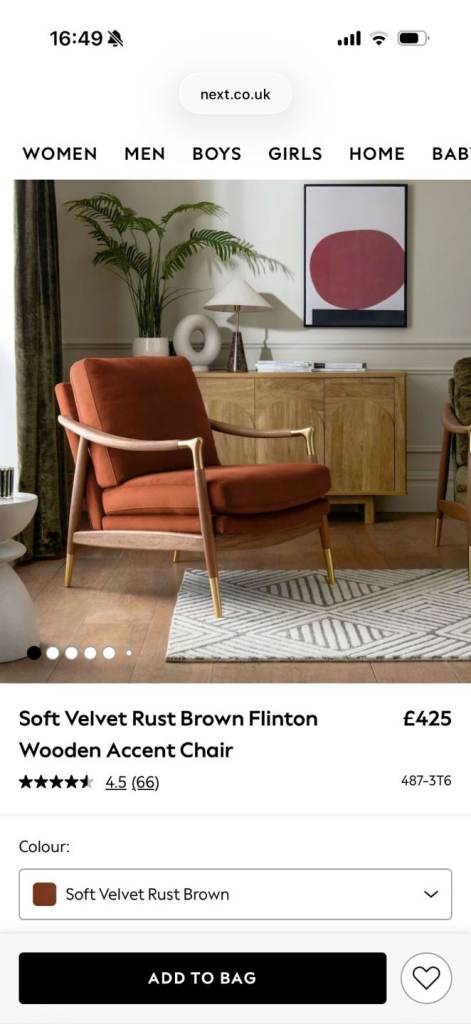 Next flinton soft velvet rust chair as new 