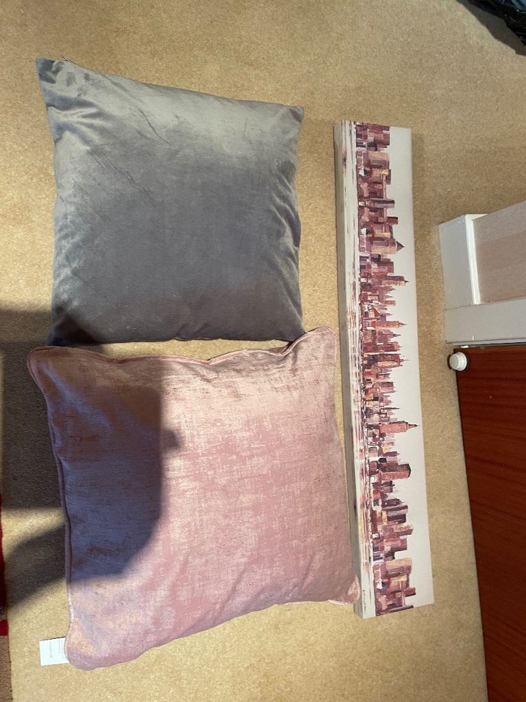 Pair of Soft Cushions (Grey & Pink) with New York Skyline Picture