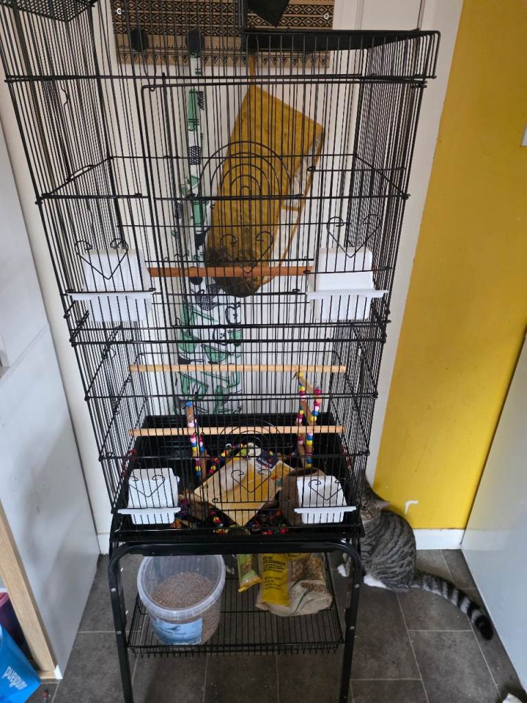 Large Black Bird Cage with Stand and Accessories