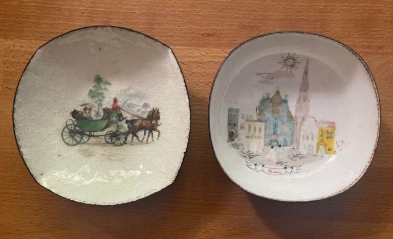 Antique 1930s Viennese Enamel Cast Iron Bowls with scenes painted