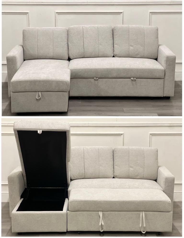 Brand New: Light Grey fabric pull-out sofa bed (with lift-up ottoman storage)
