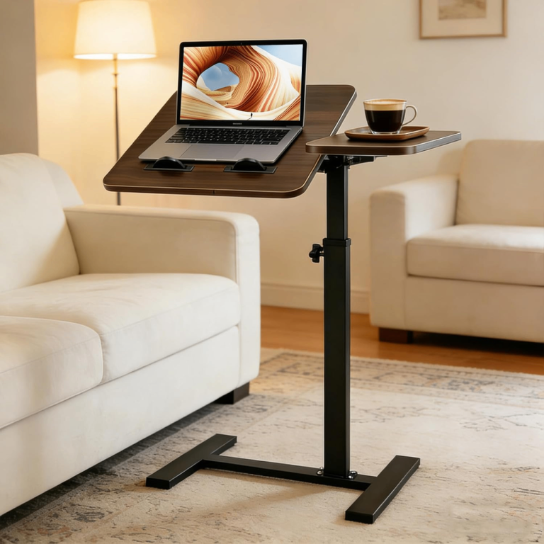Overbed Bedside Table with Hidden Wheels, Height Adjustable 60*40 cm 360°Swivel