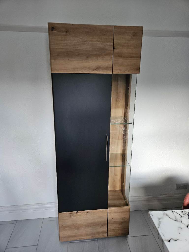 Tall larder pantry glass display cupboard cabinet grey and oak effect