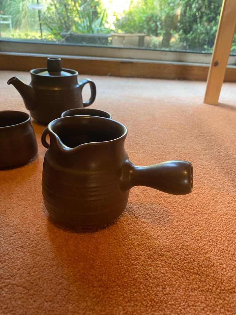Vintage Brown Ceramic Teapot Set with Mugs and Saucers