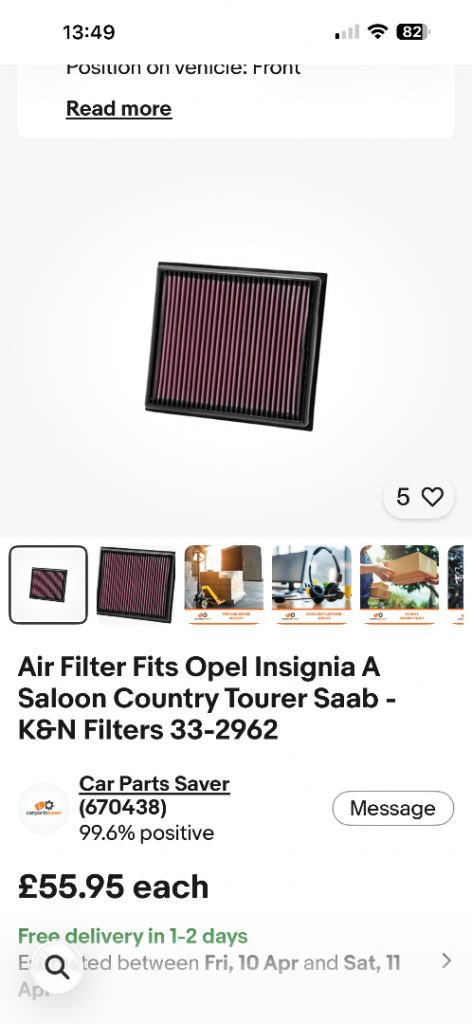 K&n panel filter for insignia 1.6 cdti 