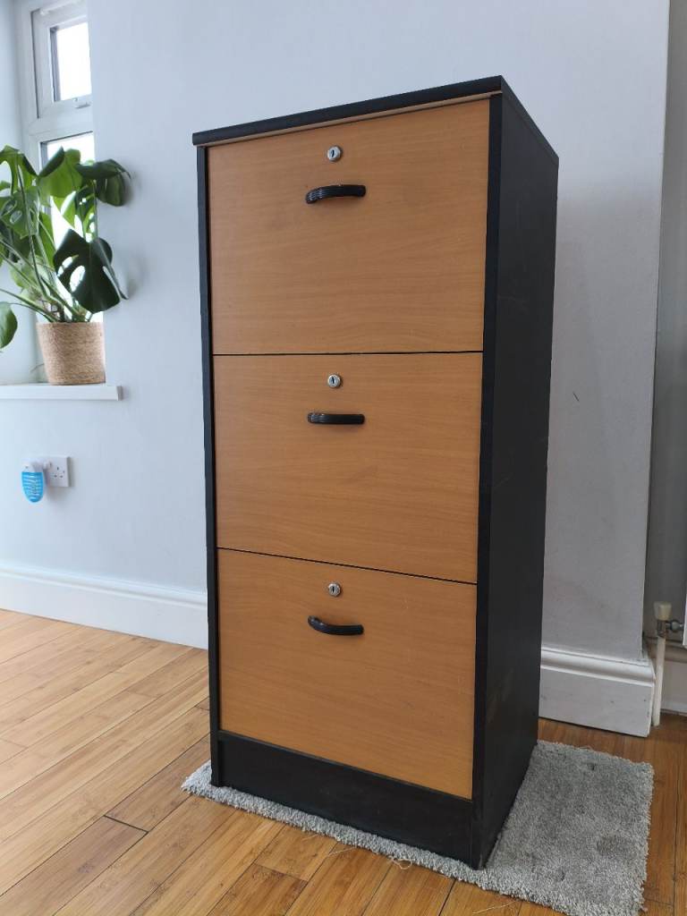 image for Heavy Duty 3-Drawer Home Office Filing Cabinet – Black & Wood Finish