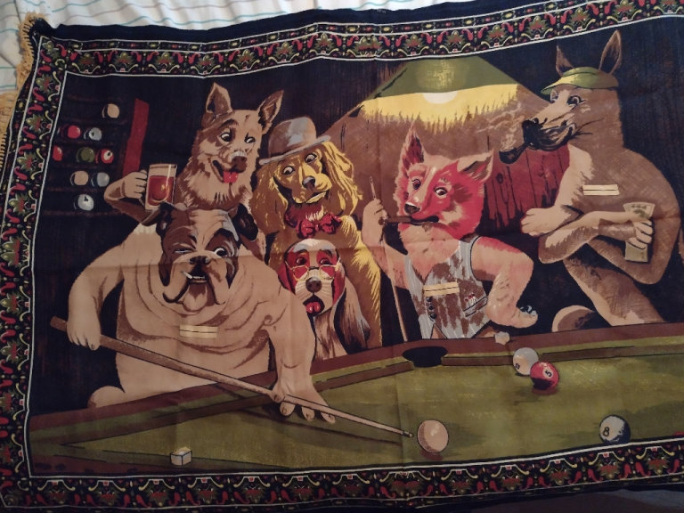 Dogs playing pool wall rug.