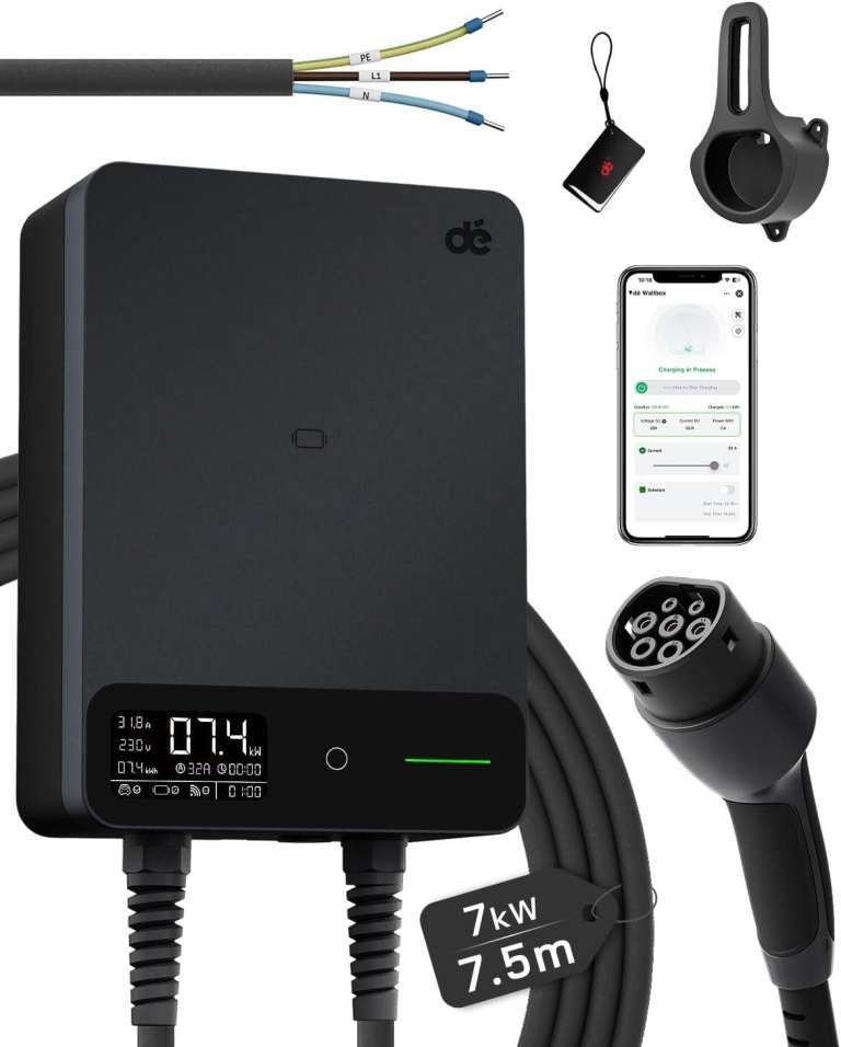 BNIB - dé EV Charger 7kw type 2 with App Tethered with 7.5m Type 2 Cable PEN Protection