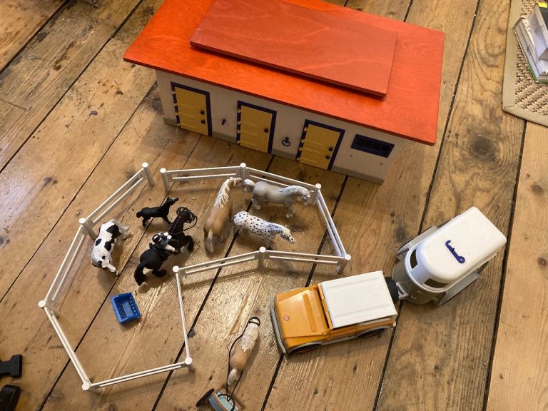 Schleich toys, horses, stable, pony and trap, Jeep and horse box, and fencing