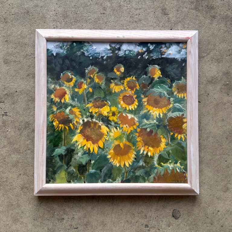 Original Framed Oil Painting by J. Lake / Jennie Lake – Sunflowers (30 x 30cm)
