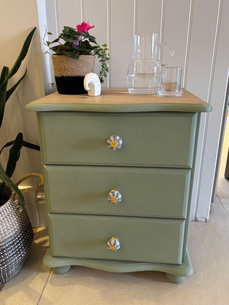 Solid wood 3 drawer bedside cabinet, sage green, waxed wood top