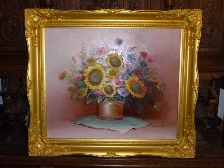 Sunflower Flower Sign C.Benolt Oil Painting Canvas in Beautiful Gold Frame 66x76cm