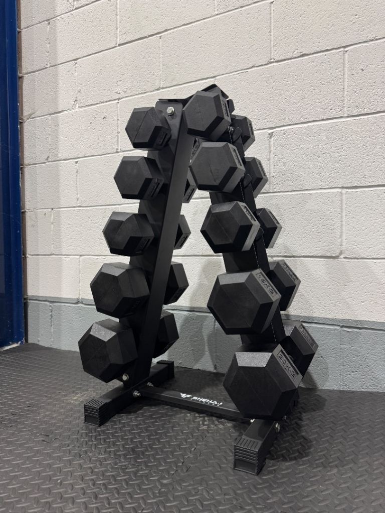 Hex Dumbbell 5-20kg Set With Vertical Rack Stand - Free weights- 5 Pairs Set