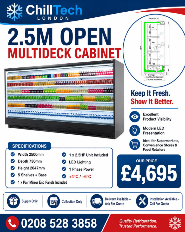 Open Multideck Chiller 2500mm Commercial Display Fridge 2.5HP Condensing Unit