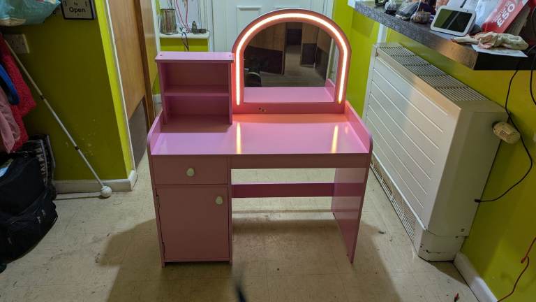 Pink Dressing Table with LED Mirror and Storage