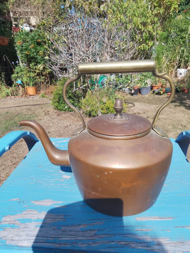 Decorative copper kettle  and coal scuttle.