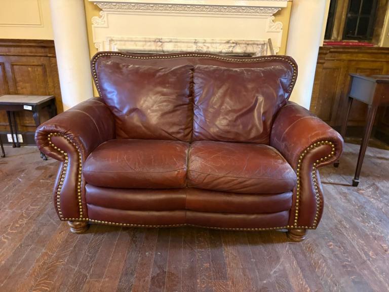 Vintage Dark Red Leather Chesterfield-Style Sofa