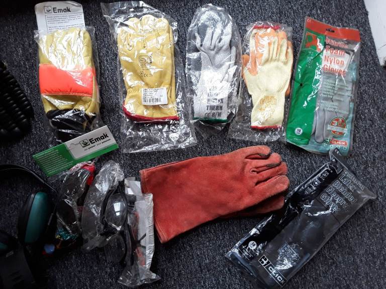 New Work gloves, ear defenders, safety glasses